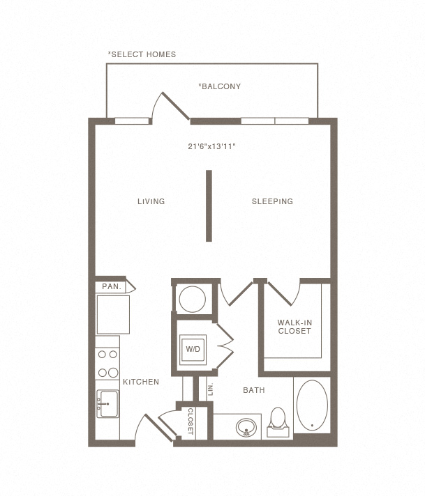 Floor plan for studio, 1 bath, 634 sqft
